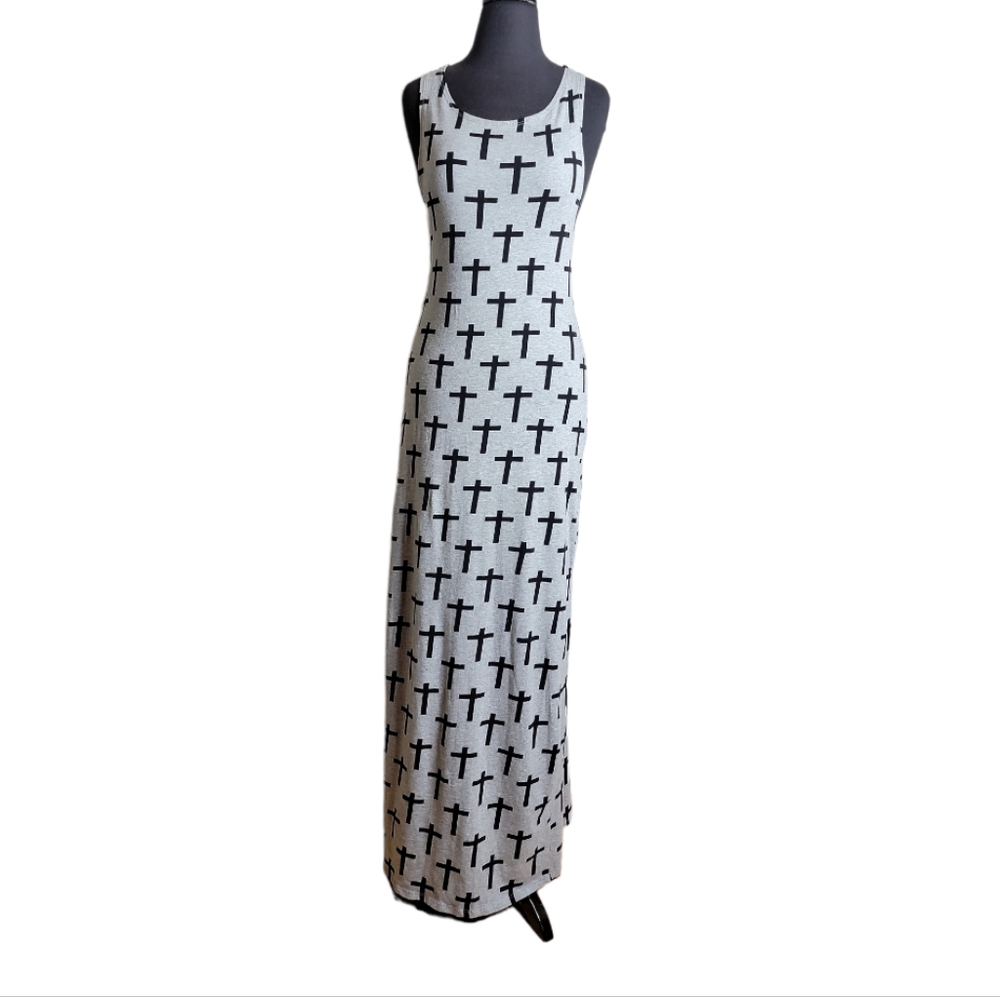 Charlotte Russe gray black cross print maxi dress sleeveless womrn's size medium
